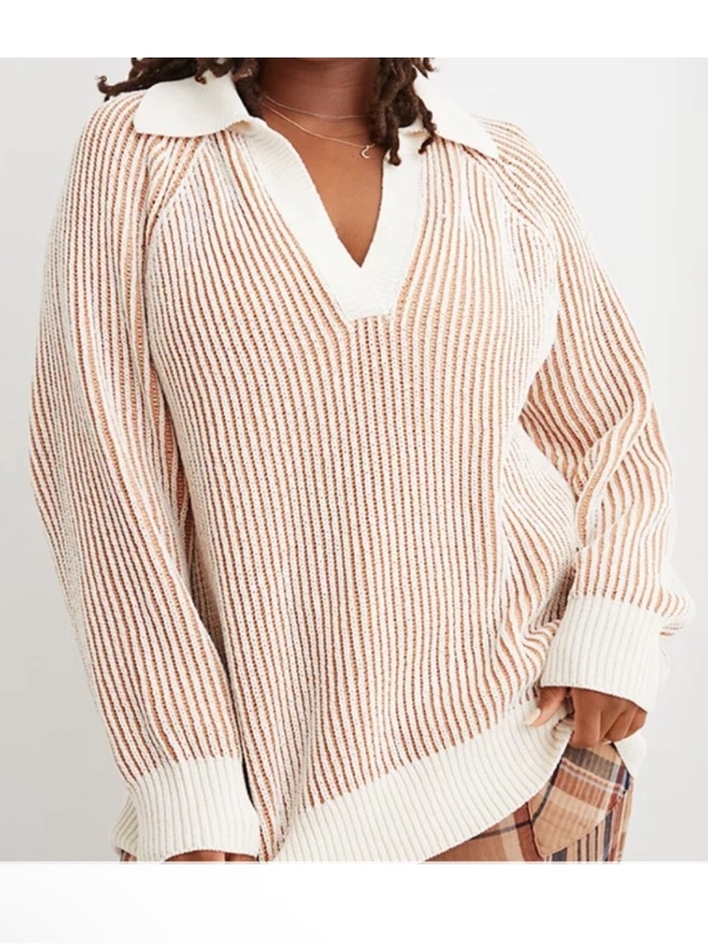 Aerie Sugar Rush Sweater Women L Cream Chunky Knit Collared Grandpacore Chenille